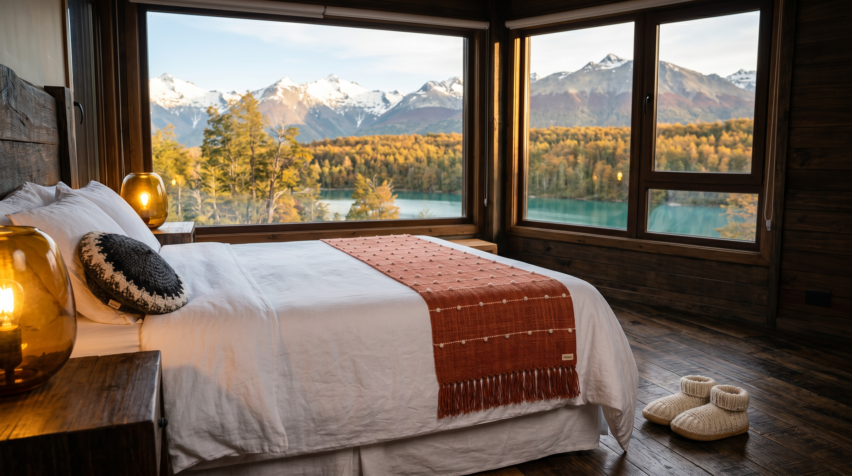 Habitación de hotel patagónico con piecera terracota y pantuflas nanay