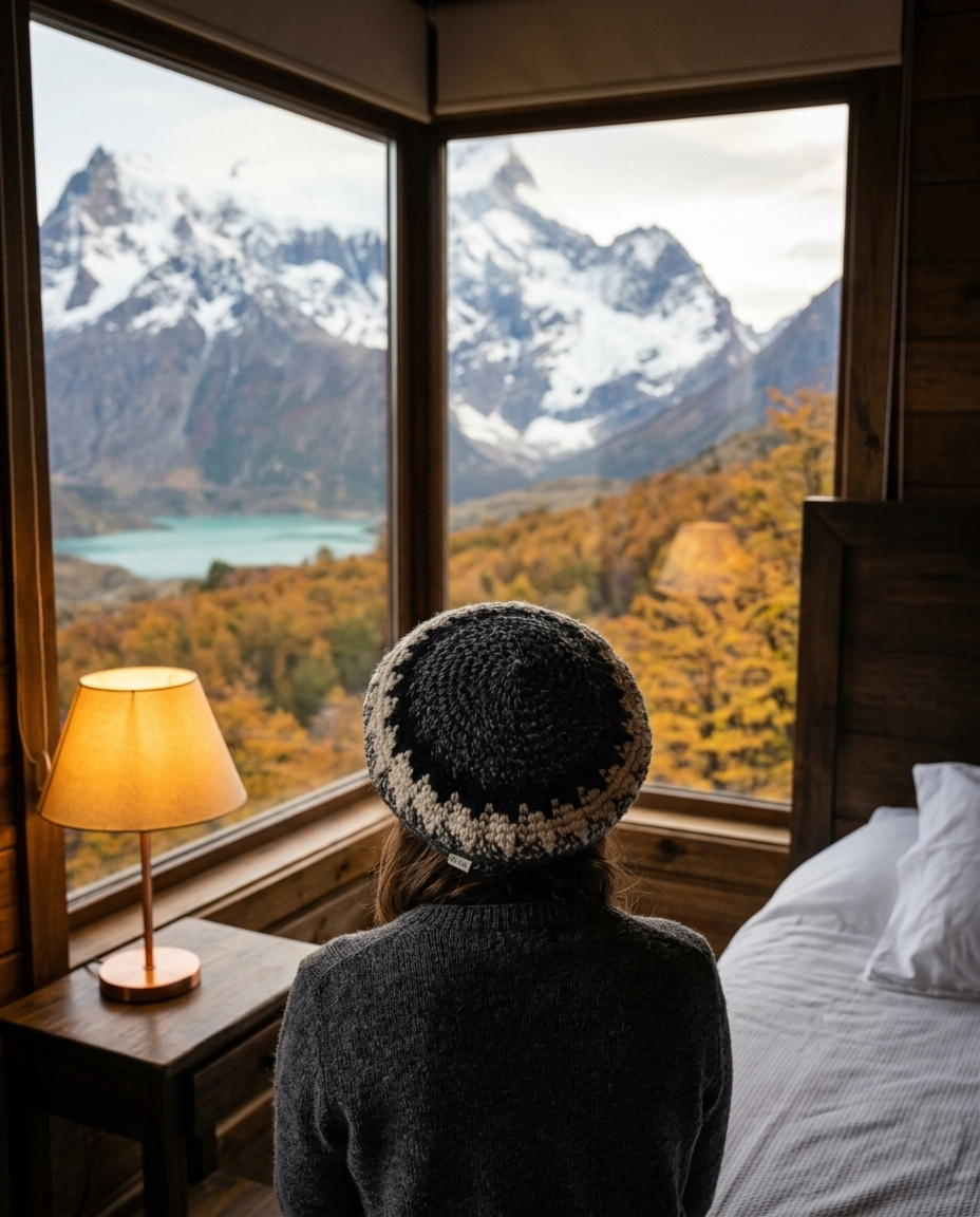 Interior de cabaña patagónica con ventanal a la cordillera al atardecer